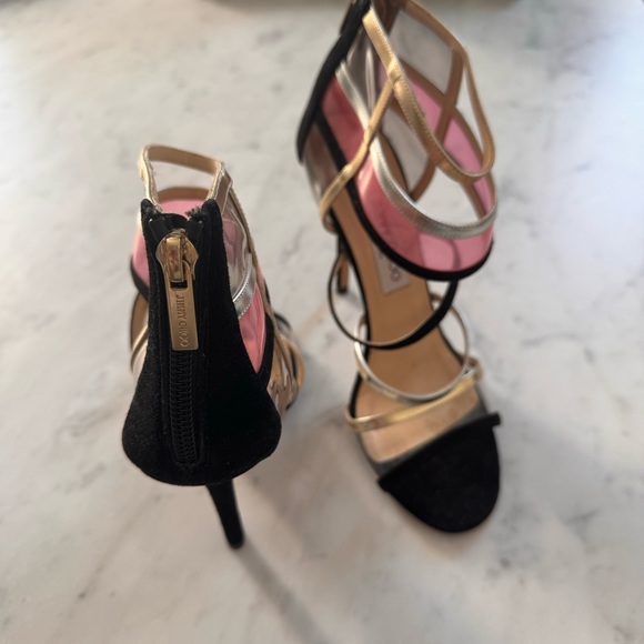 Jimmy Choo 38 MAI TAI in Black Suede Leather Strappy PVC Gold Silver Heels - Picture 5 of 7